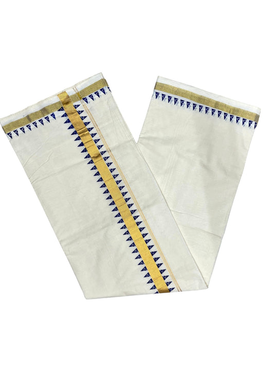 Southloom Cotton Kerala Kasavu Saree with Blue Temple Design Border