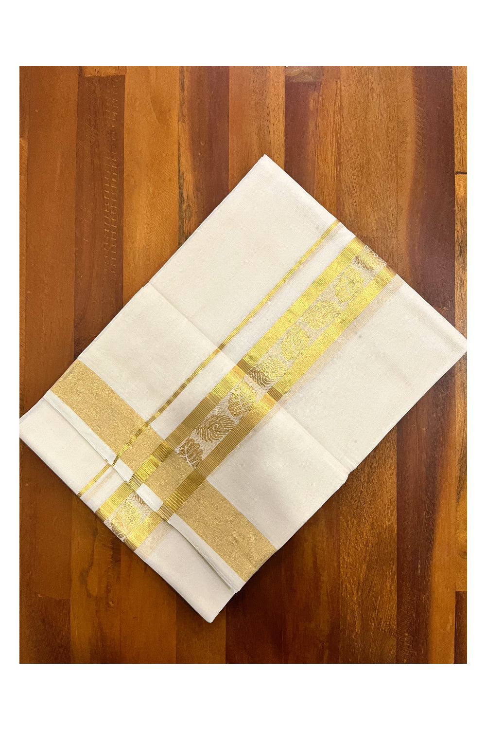 Southloom Premium Handloom Cotton Mundu with Kasavu Feather and Leaf Woven Border (South Indian Kerala Dhoti)