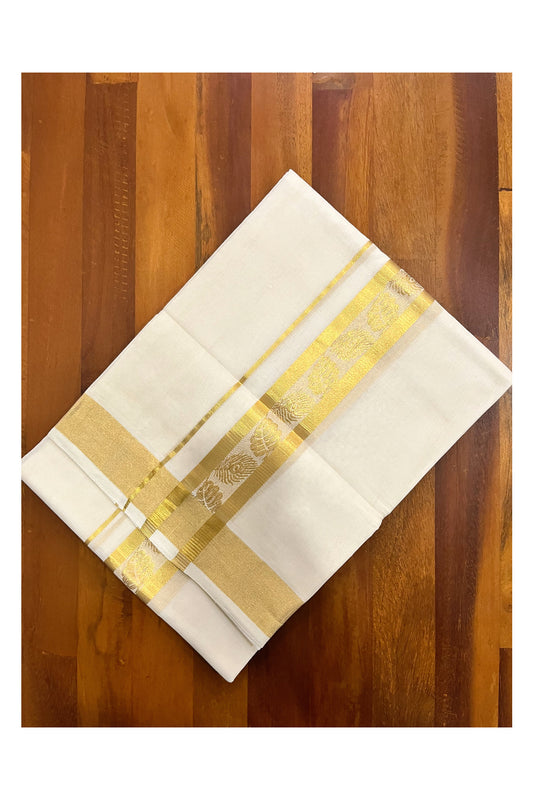 Southloom Premium Handloom Cotton Mundu with Kasavu Feather and Leaf Woven Border (South Indian Kerala Dhoti)