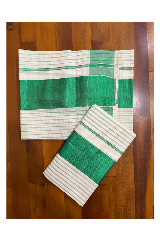 Kerala Cotton Set Mundu (Mundum Neriyathum) with Green Kasavu Lines Across Body 2.80 Mtrs