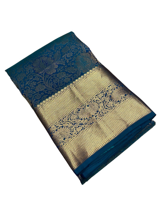 Southloom Pure Handloom Bridal Kanchipuram Silk Saree with Korvai Work (Blue)
