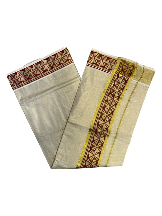 Southloom Kerala Tissue Kasavu Plain Saree Maroon Hand Printed