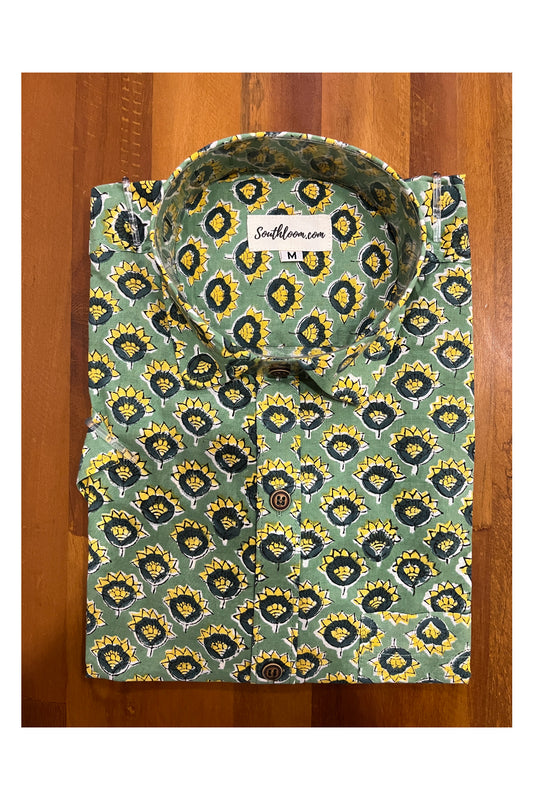 Southloom Jaipur Cotton Green Hand Block Printed Shirt (Half Sleeves)