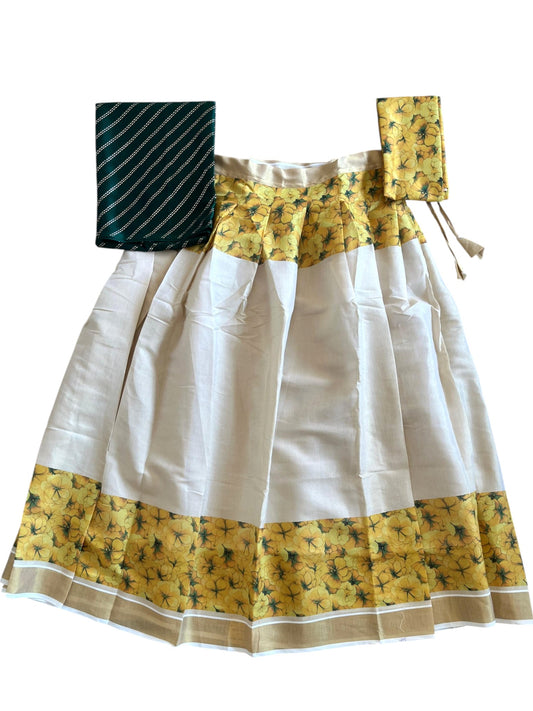 Southloom Semi Stitched Dhavani Set with Pavada and Green Blouse Piece With Kanikonna Print SL290