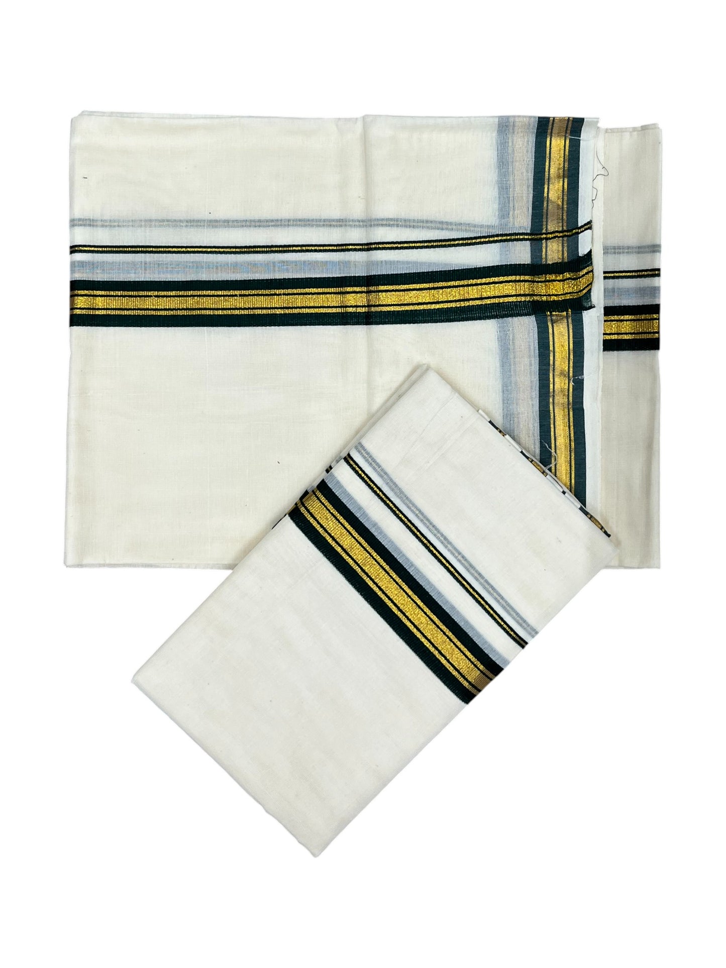Pure Cotton Kerala Single Set Mundu (Mundum Neriyathum) with Dark Green Kasavu Border in 2.80 Mtrs