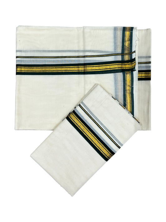 Pure Cotton Kerala Single Set Mundu (Mundum Neriyathum) with Dark Green Kasavu Border