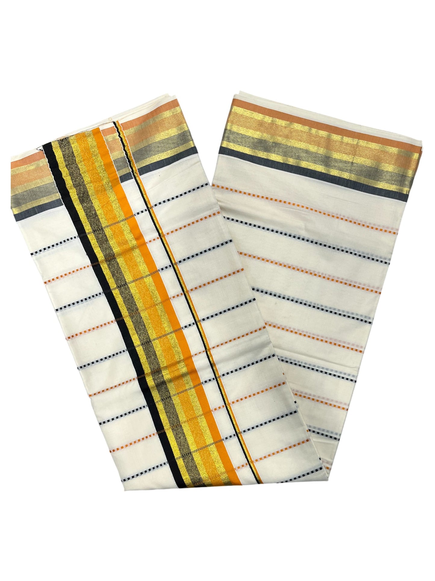 Southloom Cotton Kasavu Saree with Orange and Black Thread Work Across Body