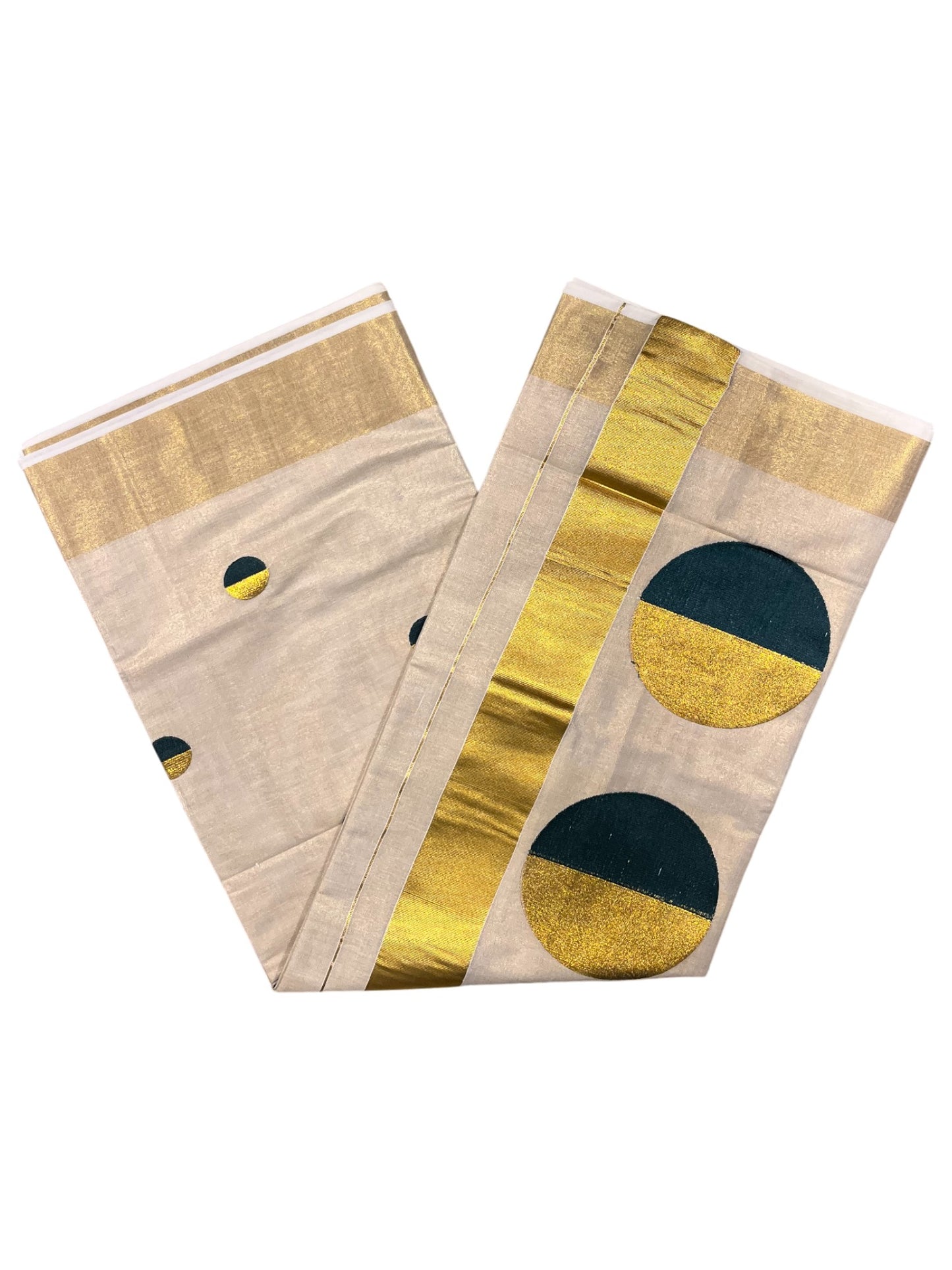 Southloom Kerala Tissue Kasavu Saree With Green Polka Dots Embroidery on Body