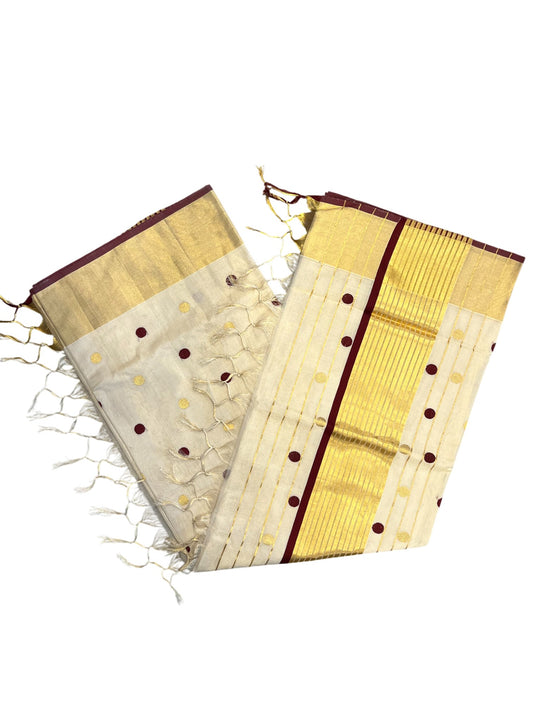 Southloom Super Premium Balaramapuram Unakkupaavu Handloom Tissue Saree with Gold and Maroon Polka on Body