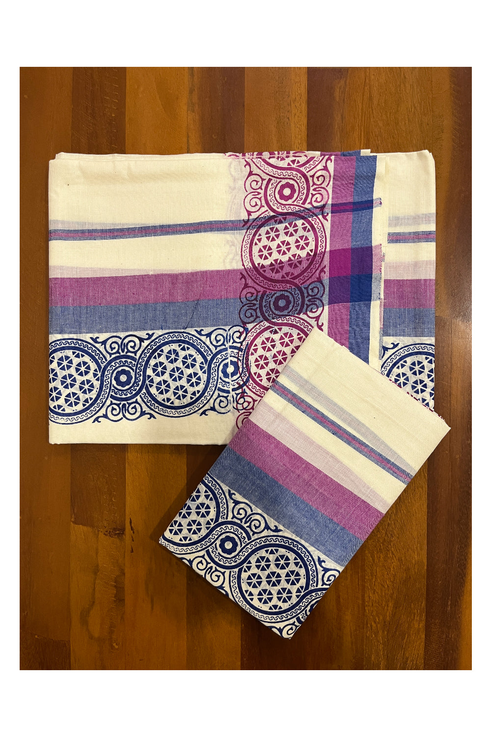 Kerala Cotton Mulloth Mundum Neriyathum Single (Set Mundu) with Blue and Red Block Printed Border (Extra Soft Cotton)