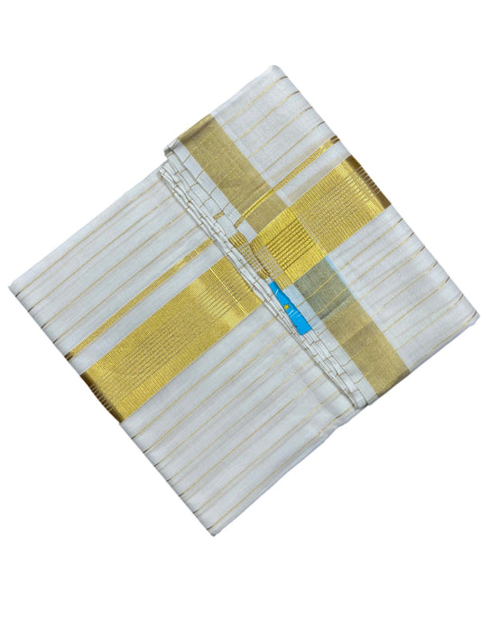 Southloom Premium Handloom Cotton Double Mundu with Gold Kasavu And Gold Lines on Body & Border