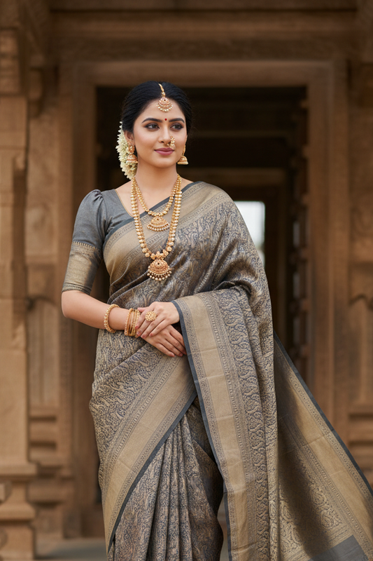 Southloom Brocade Silk Bridal Saree WIth Woven Borders in Bridal Grey with Matching Pallu