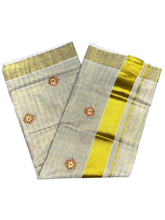 Southloom Kerala Tissue Kasavu Check Saree with Red and Gold Floral Embroidery Design on Body