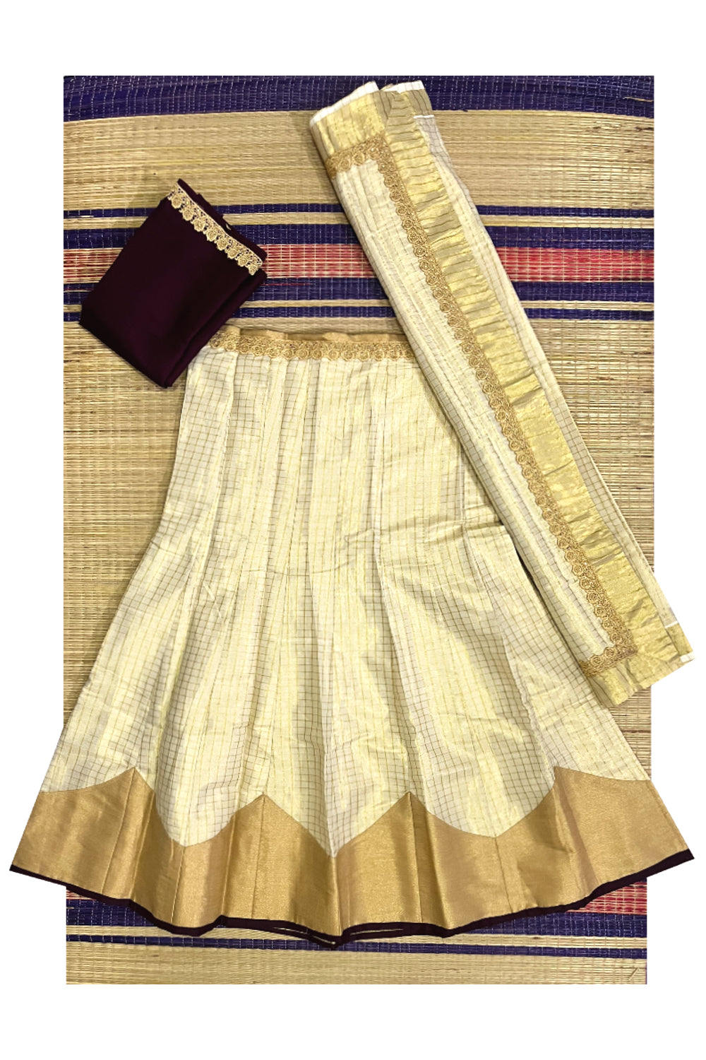 Semi Stitched Premium Tissue Dhavani Set with Check Designs on Body and Maroon Piping Works