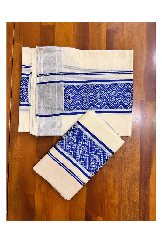 Kerala Cotton Mundum Neriyathum Single (Set Mundu) with Blue Woven Designs and Silver Kasavu Border 2.80 Mtrs