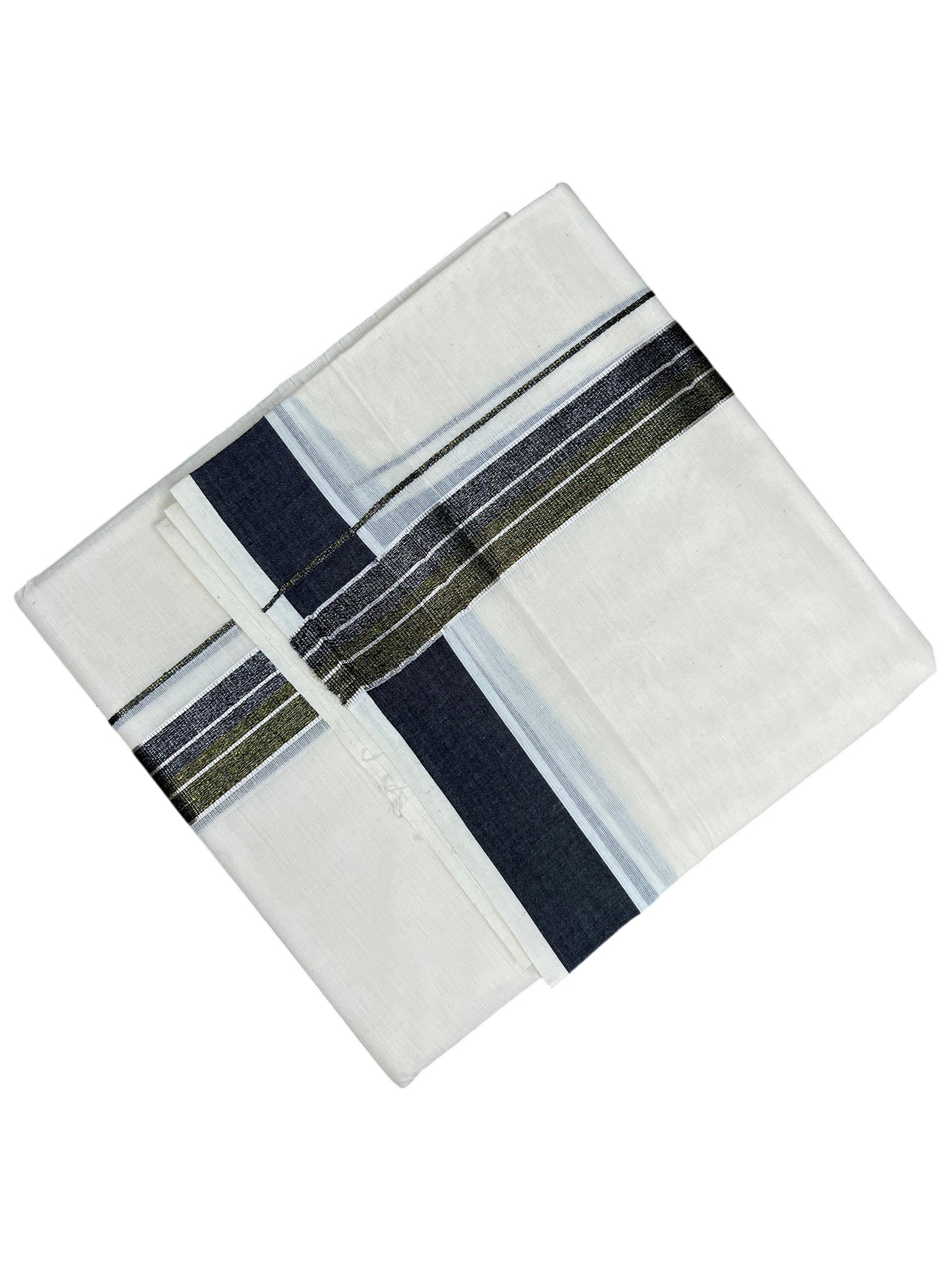 Southloom Pure Cotton Mundu with Silver Lines and Green Border (South Indian Kerala Dhoti)
