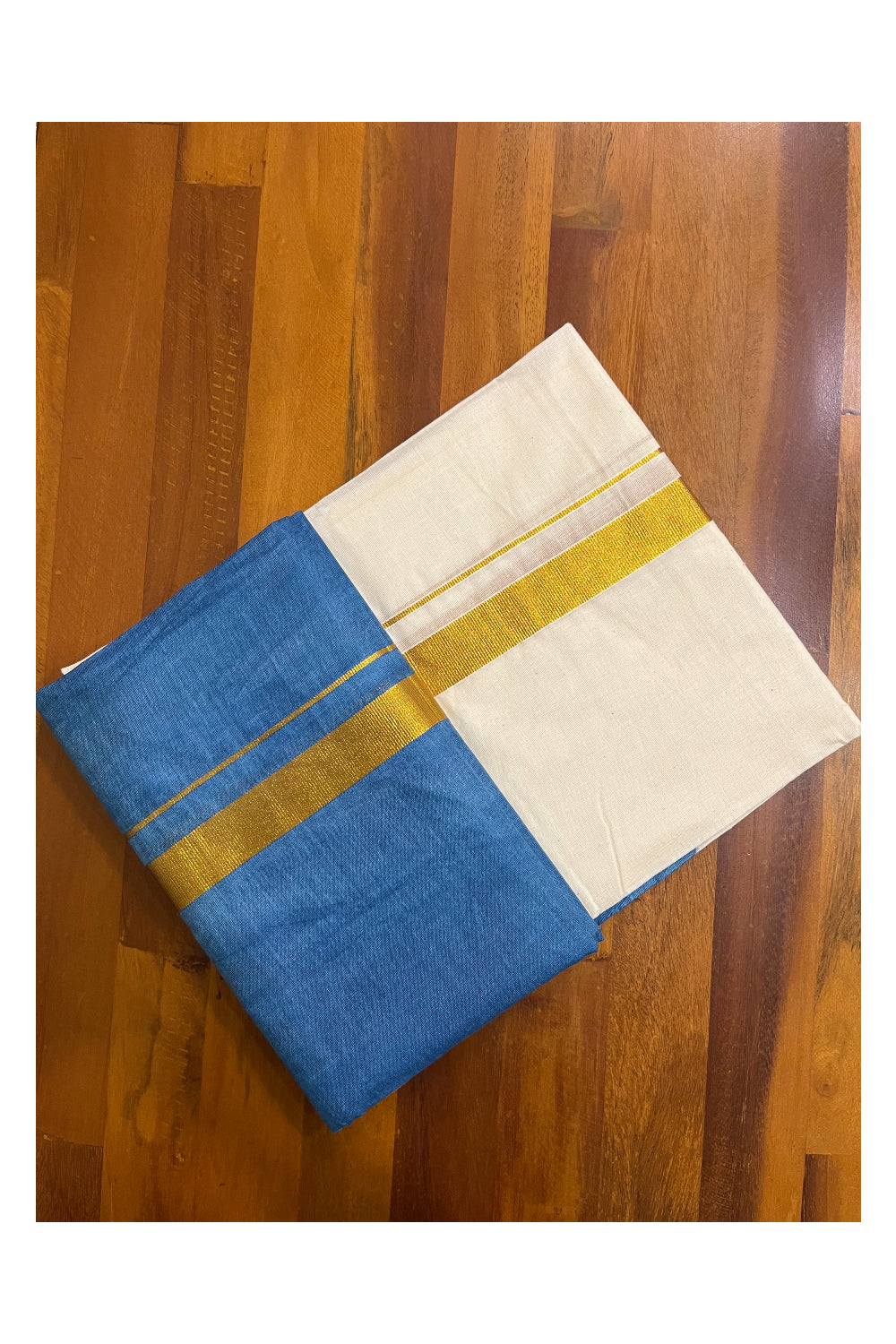 Southloom Tie & Dye - Half & Half  Multi Colour Blue Design Cotton Kerala Double Mundu with Kasavu Border (South Indian Kerala Dhoti)