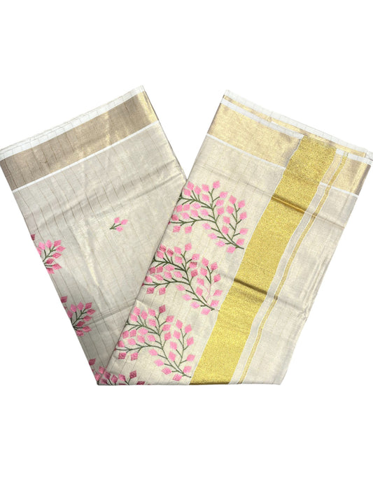 Southloom Tissue Kerala Kasavu Saree with Floral Embroidery Design