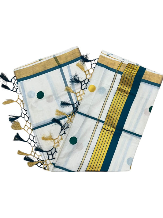 Southloom Kerala Cotton Kasavu Saree with Peacock Green & Gold Polka Works on Body SL581