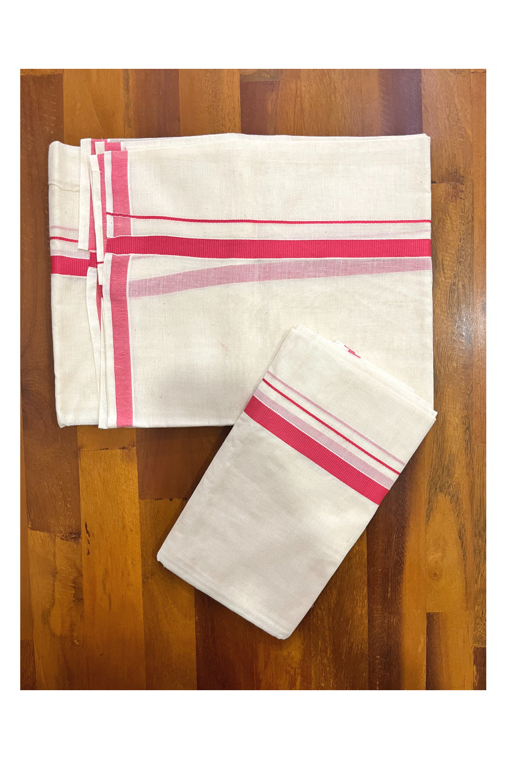 Kerala Cotton Plain Mundum Neriyathum Single (Set Mundu) with 0.5 inch Pink Border