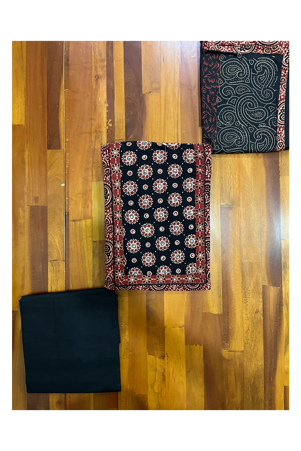 Southloom™ Cotton Churidar Salwar Suit Material with Black Maroon Ajrakh Prints