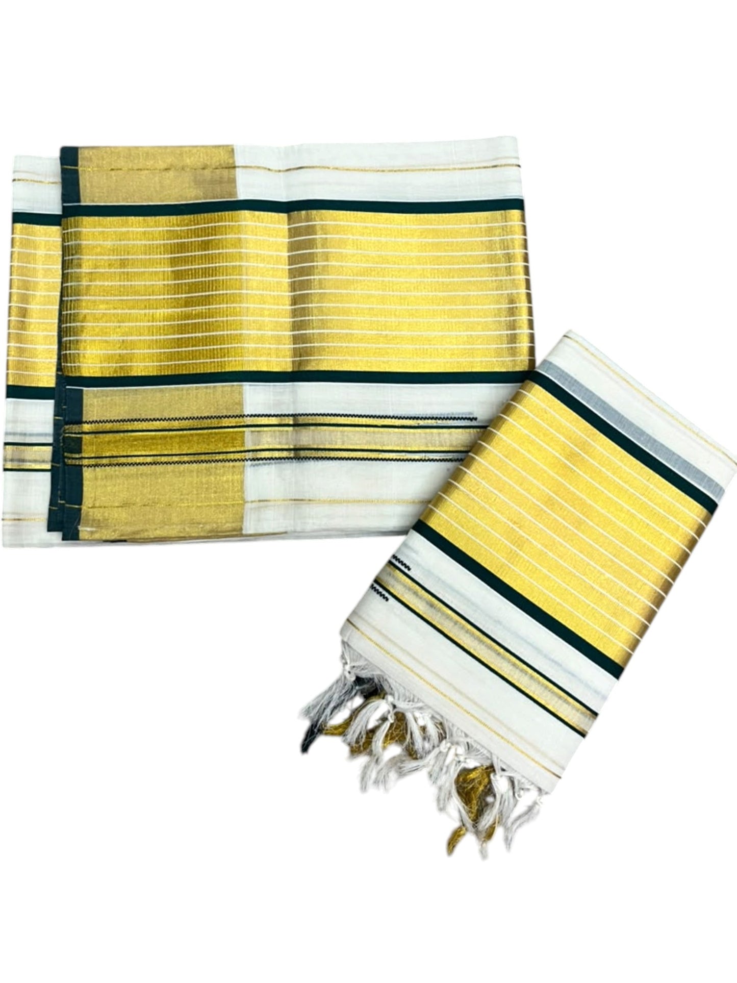Southloom Premium Cotton Stripes Handloom Set Mundu with Chuttikara Kasavu With Green And Golden Border (2.80 Mtr)