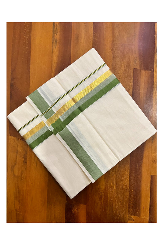 Off White Kerala Cotton Double Mundu with Kasavu and Olive Green Border (South Indian Kerala Dhoti)