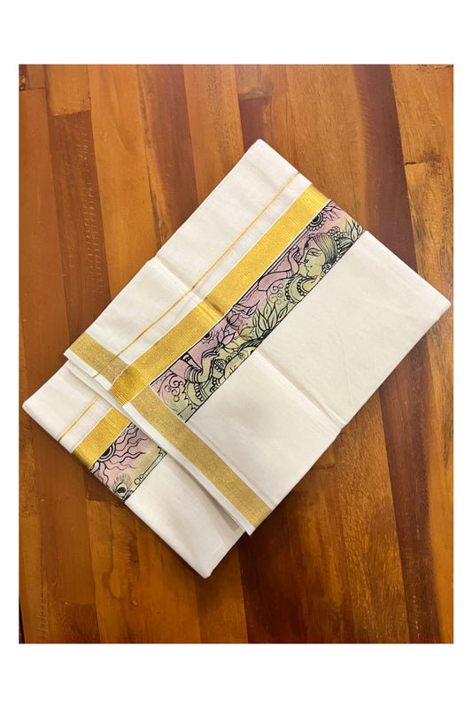 Pure Cotton Kerala Double Mundu with Hand Painted Designs on Kasavu Border (Vishu Collection 2024)