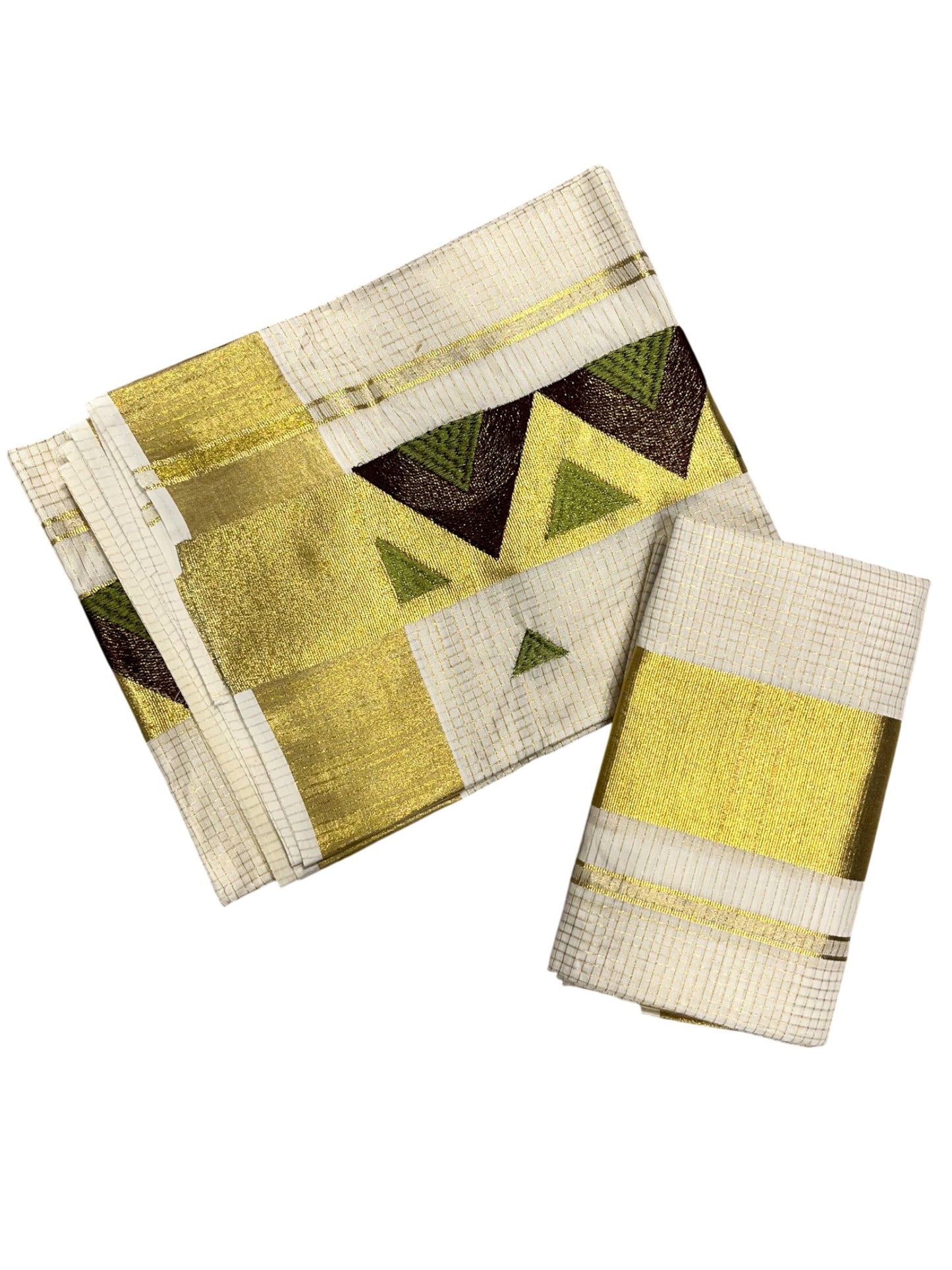 southloom Kerala TIssue Kasavu Mundum Neriyathum  (Set Mundu) with Green Brown  Embroidery Designs in Kasavu Border