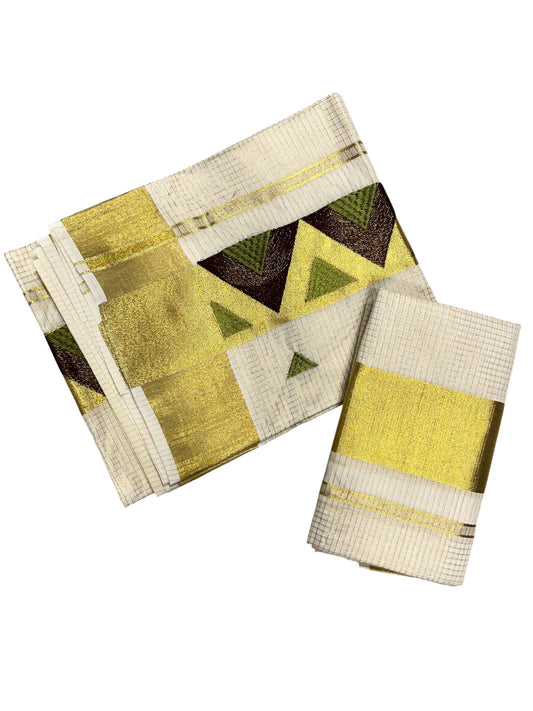 southloom Kerala TIssue Kasavu Mundum Neriyathum  (Set Mundu) with Green Brown  Embroidery Designs in Kasavu Border