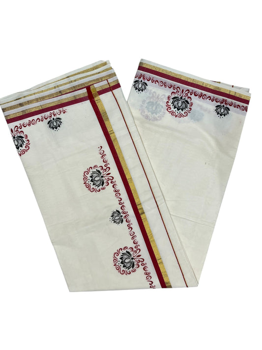 Southloom Kerala Cotton Saree with With Red &Black Floral Digital Prints Borders