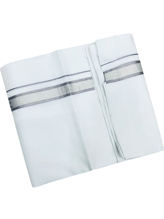 Southloom Pure White Cotton Mundu with Blue & Silver Line Border (South Indian Kerala Dhoti)