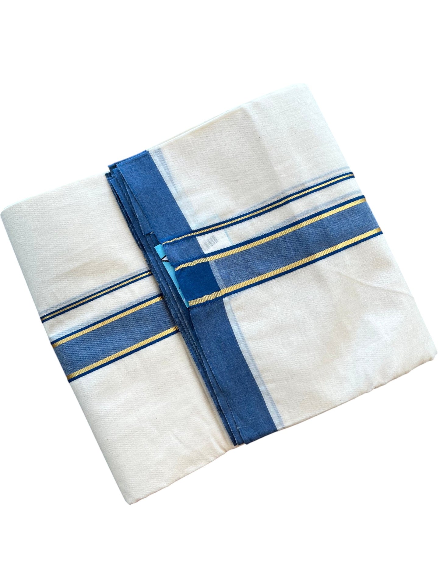 Southloom Pure Cotton Mundu with Golden Lines and Blue Border (South Indian Kerala Dhoti)