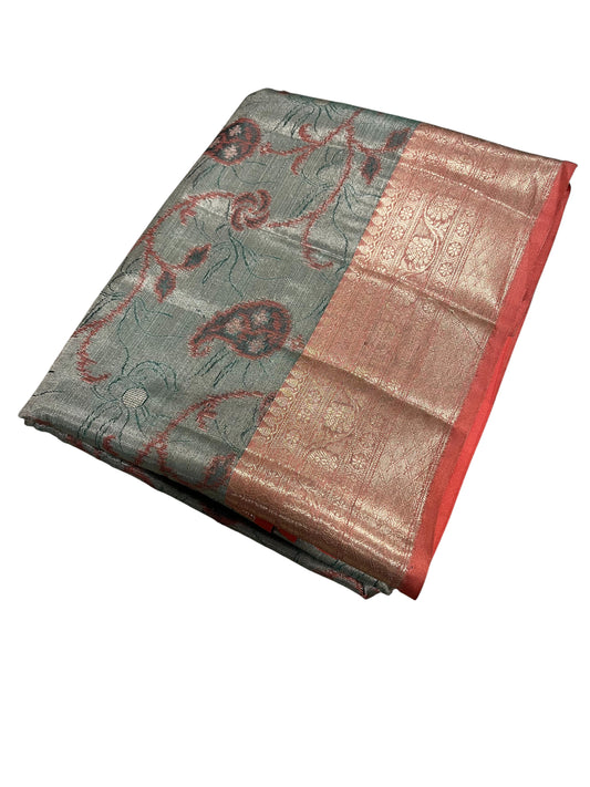 Southloom Tissue Silk Saree with Woven Work on Body and Borders (Peach & Green)