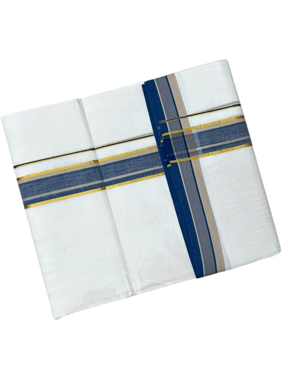 Southloom Pure Cotton Mundu with Siver Lines and Blue Border (South Indian Kerala Dhoti)
