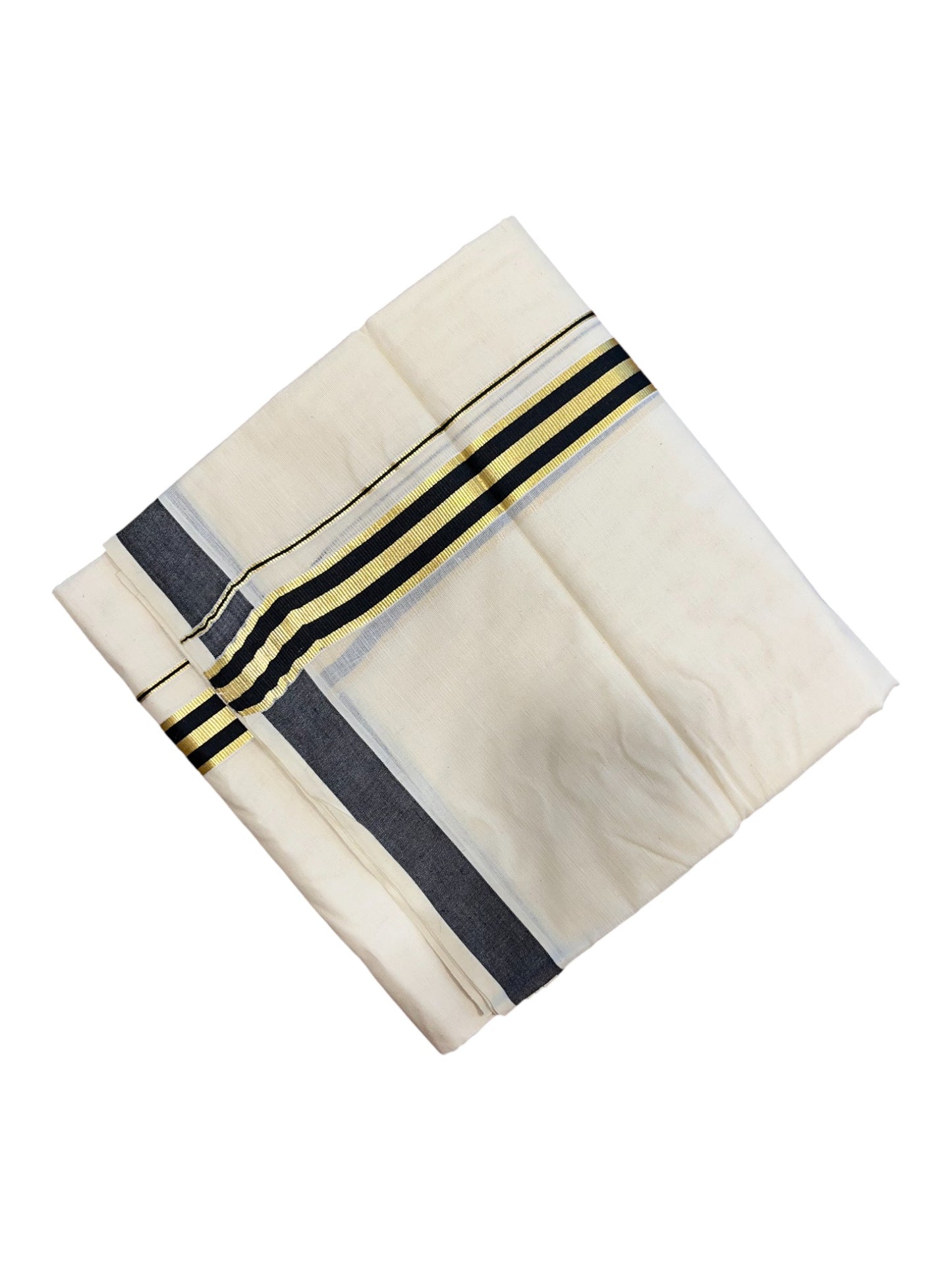 Southloom Pure Cotton  Double Mundu With Gold Kasavu & Black Border (South Indian Kerala Dhoti)