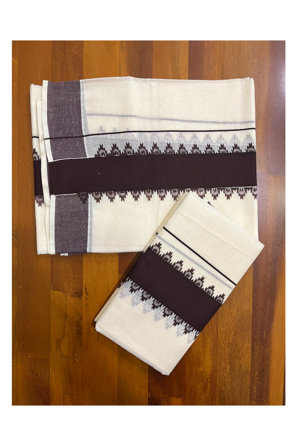 Kerala Cotton Single Set Mundu (Mundum Neriyathum) with Brown Temple Block Printed Border