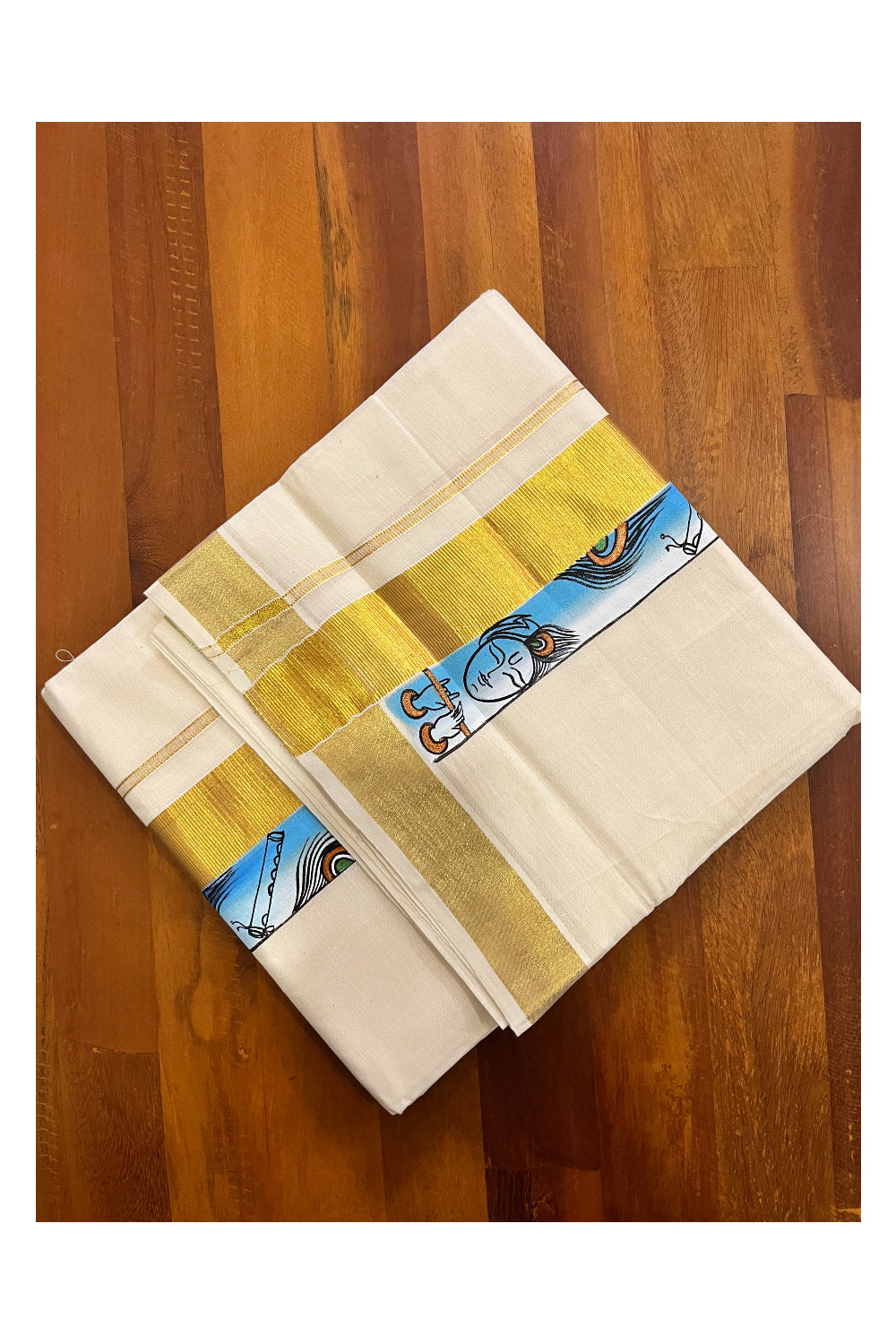 Pure Cotton Kerala Double Mundu with Kasavu Hand Painted Design Border (South Indian Kerala Dhoti)