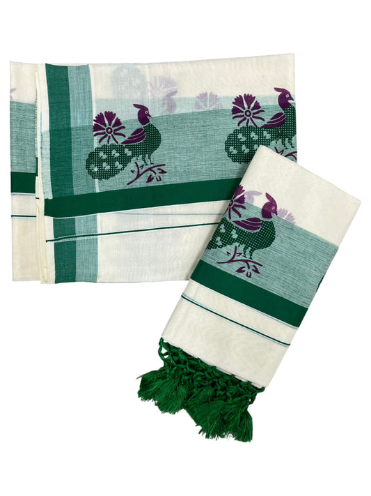Southloom Cotton Single Set Mundu (Mundu Neriyathum) With Peacock Print And Green Border Kasavu With Tussles in 2.80 Mtrs