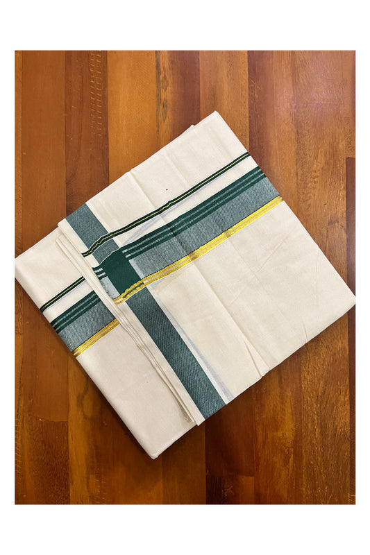 Off White Kerala Cotton Double Mundu with Kasavu and Dark Green Border (South Indian Kerala Dhoti)