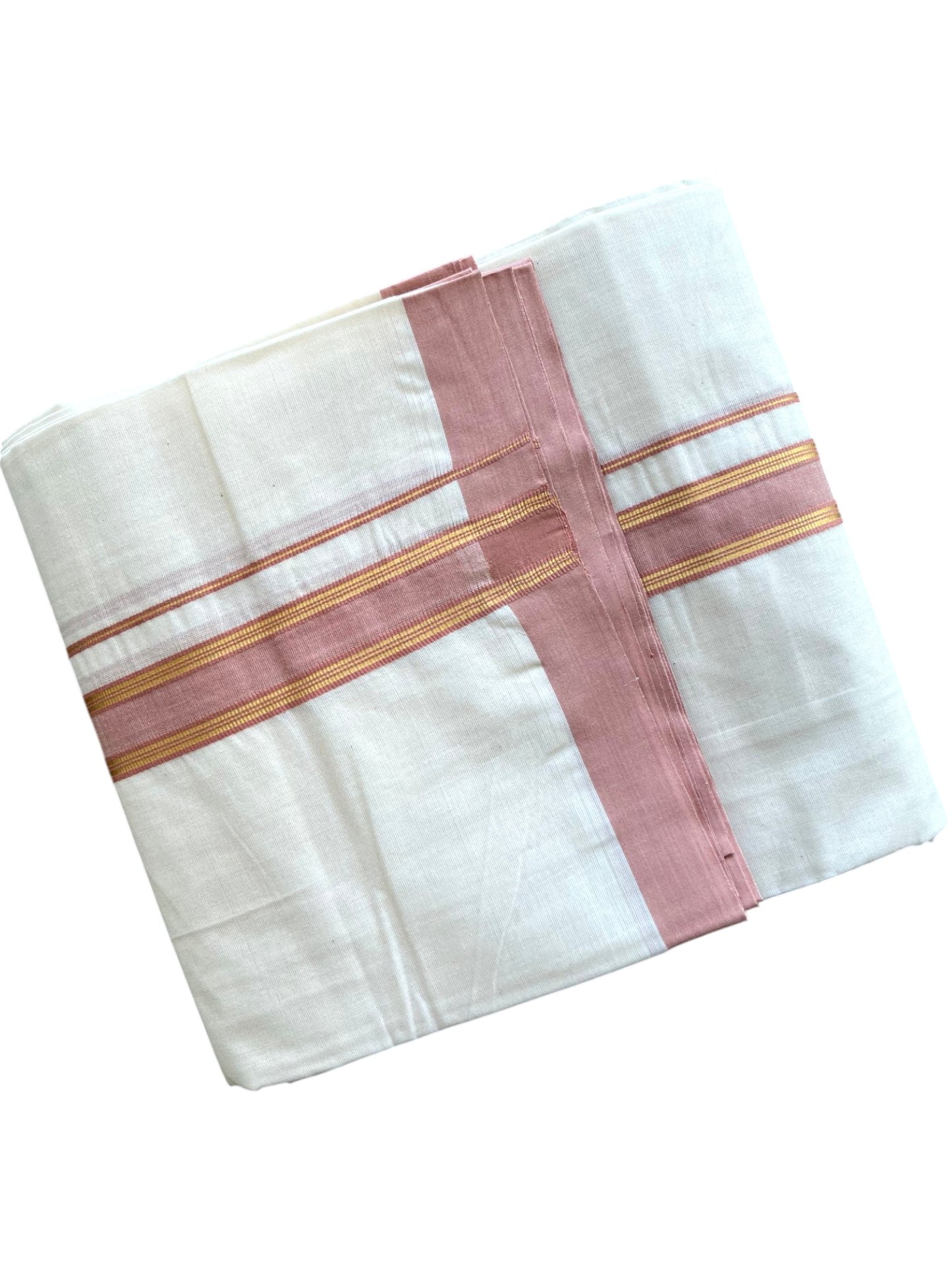 Southloom Pure Cotton Mundu with Golden Lines and Peach Colour Border (South Indian Kerala Dhoti)