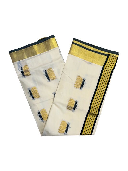 Southloom Kerala Cotton Kasavu Saree with Lotus Woven Work in Green