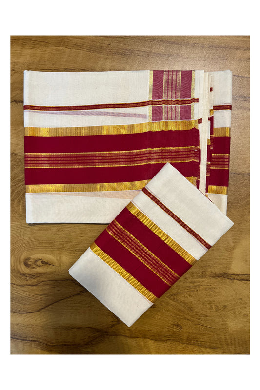 Kerala Cotton Set Mundu (Mundum Neriyathum) with Kasavu and Dark Red Border