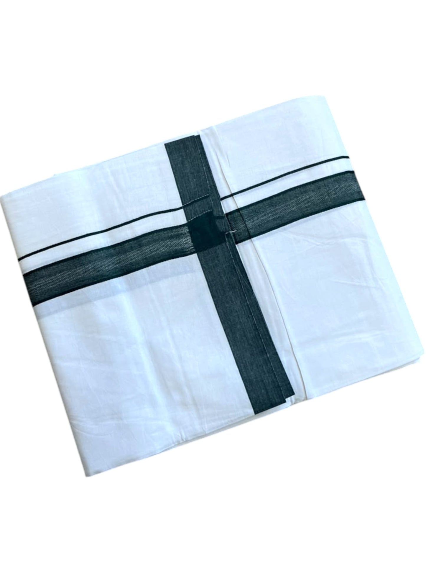 Southloom Pure White Single Cotton Mundu with Dark Green Border (South Indian Kerala Dhoti)