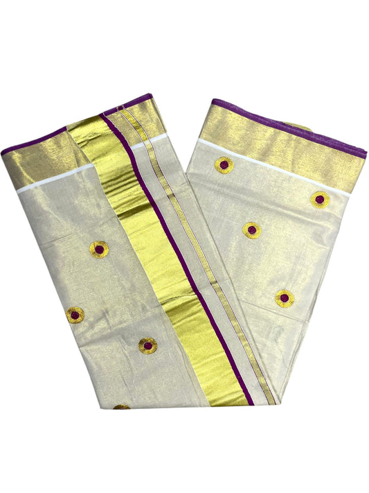 Southloom Kerala Tissue Kasavu Saree with Gold & Magenta Polka Embroidery Works on Body
