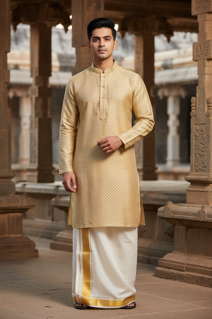 Southloom Semi Silk Short Kurta for Men in Beige Colour