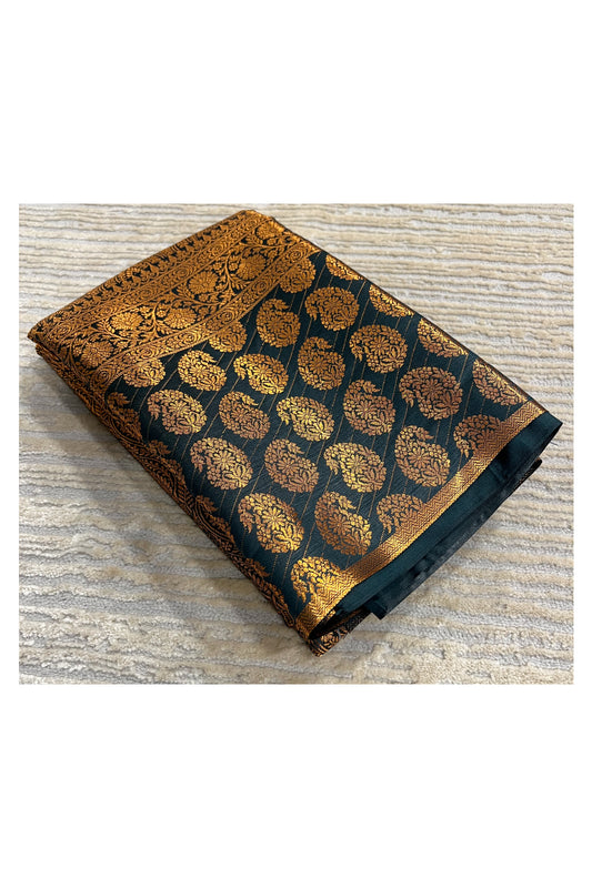 Southloom Banarasi  Silk Brocade Bridal Saree WIth Woven Borders And Blouse Piece in Gold and Blue