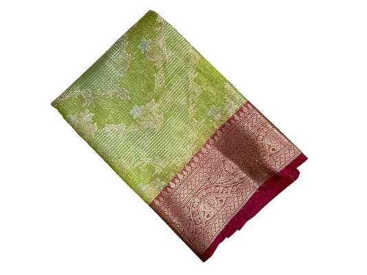 Southloom Tissue Banarasi Silk Saree with Woven Work on Body and Borders (Green & Magenta)