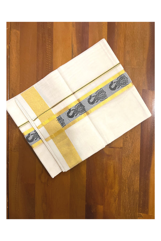 Southloom Premium Handloom Pure Cotton Mundu with Golden and Black Kasavu Woven Border (Onam Mundu 2023)