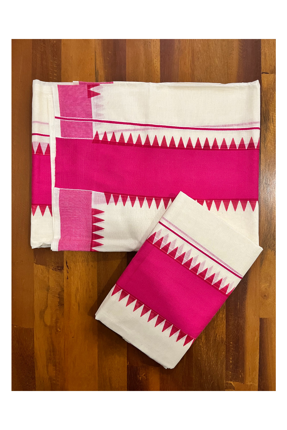 Kerala Pure Cotton Set Mundu Single (Mundum Neriyathum) with Pinkish Magenta Temple Border